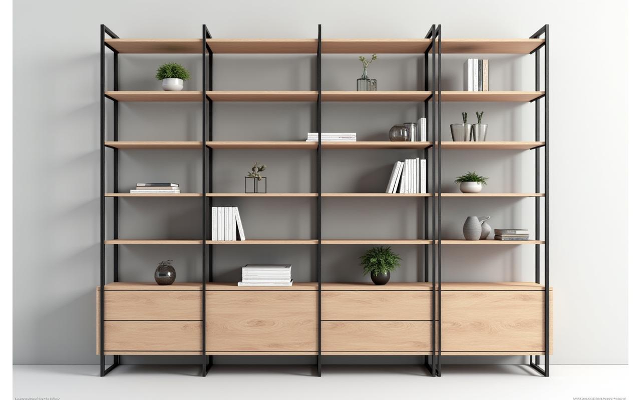 Estante Minimalista em Pinho com Detalhes Metálicos